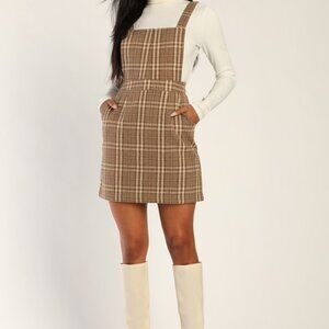 Lulus Plaid To Be Yours Brown Plaid Pinafore Mini Dress - Size M